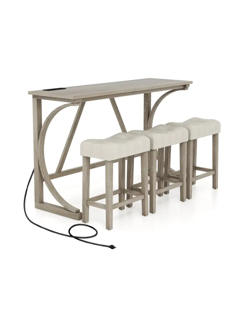 4-Piece Bar Table Set with Power Outlet and Upholstered Saddle Seat Stools-Grey and Beige - Beige & Gray - Dining Room