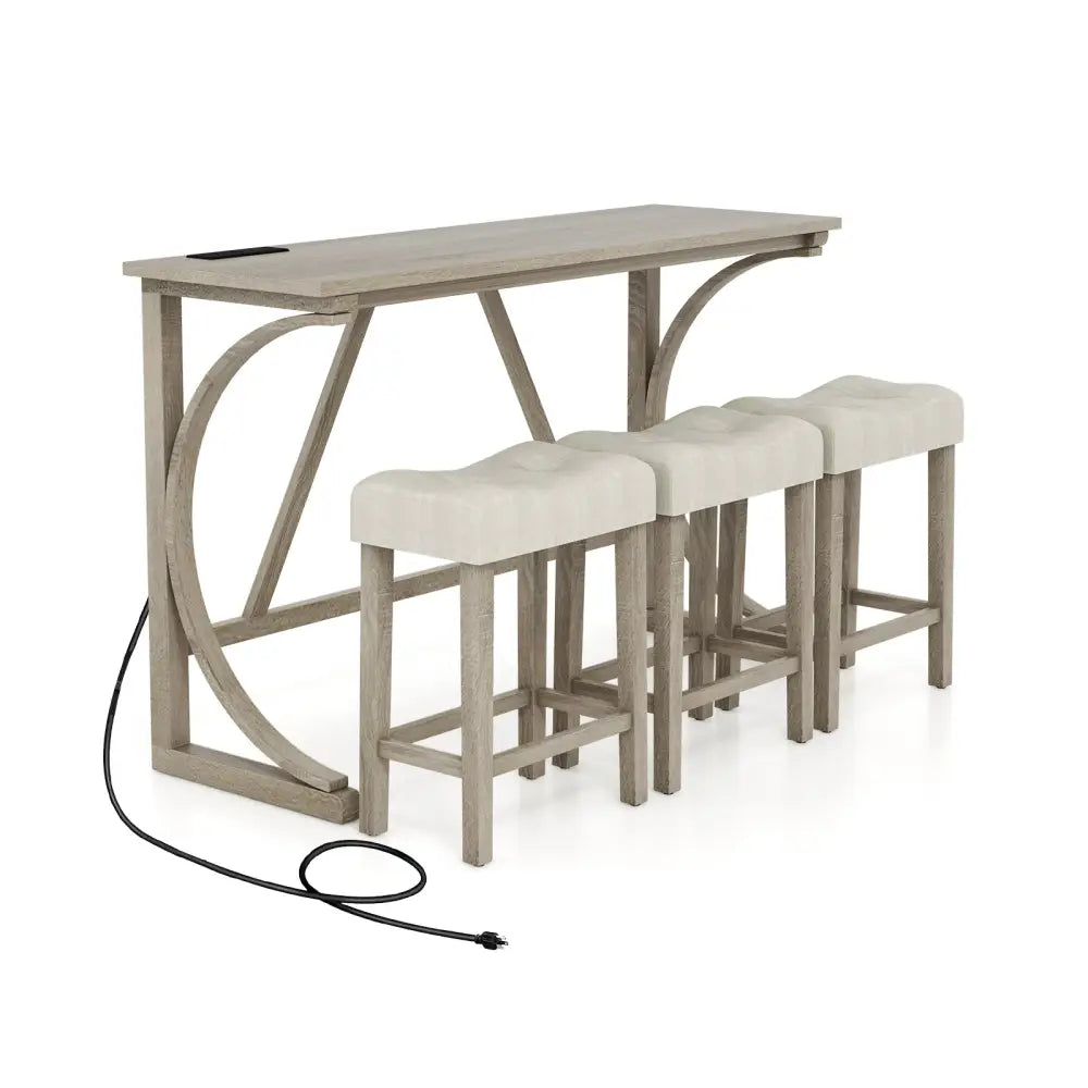 4-Piece Bar Table Set with Power Outlet and Upholstered Saddle Seat Stools-Grey and Beige - Beige & Gray - Dining Room