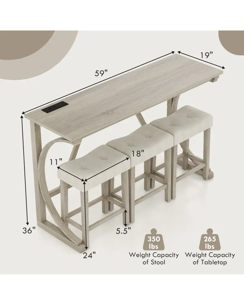 4-Piece Bar Table Set with Power Outlet and Upholstered Saddle Seat Stools-Grey and Beige - Beige & Gray - Dining Room