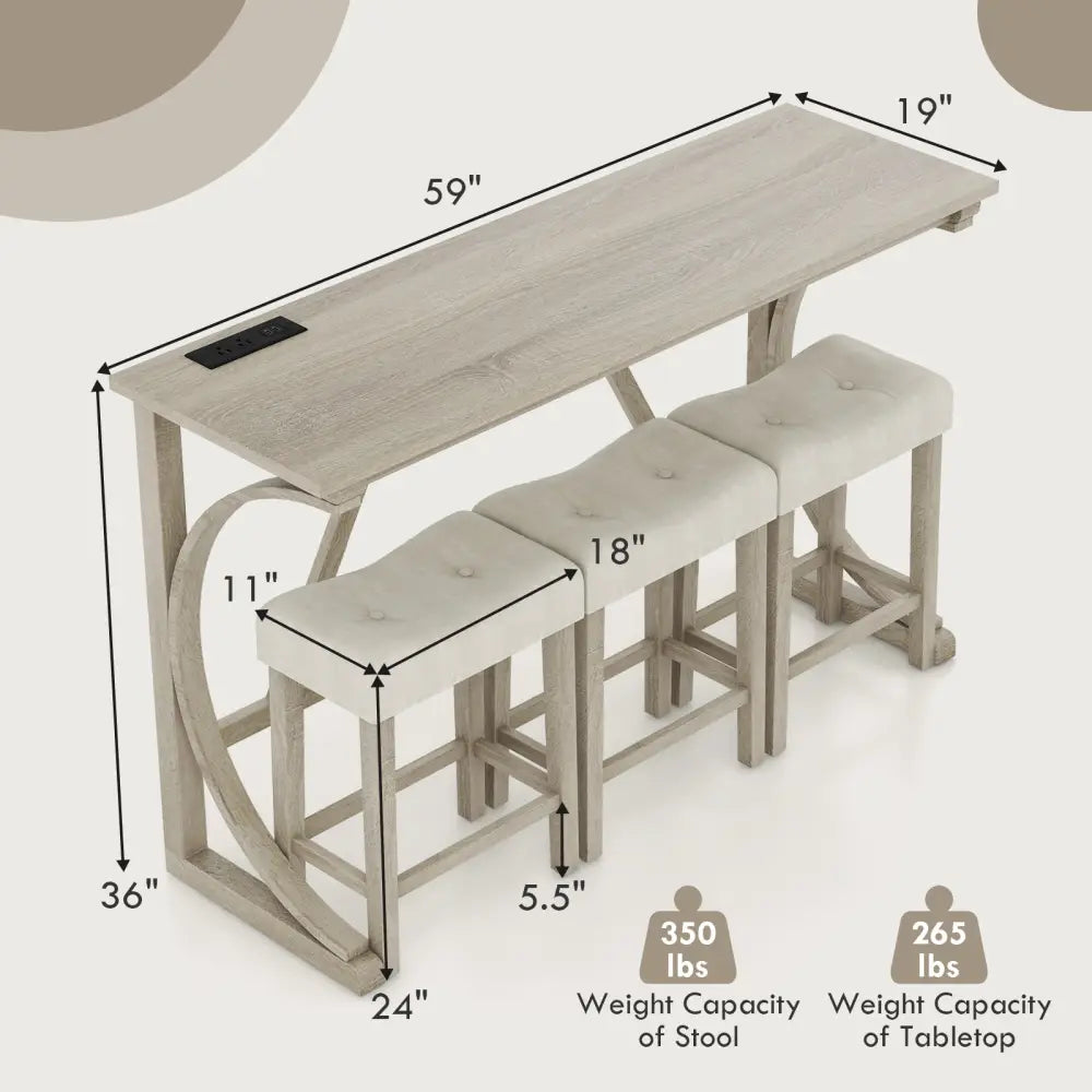 4-Piece Bar Table Set with Power Outlet and Upholstered Saddle Seat Stools-Grey and Beige - Beige & Gray - Dining Room