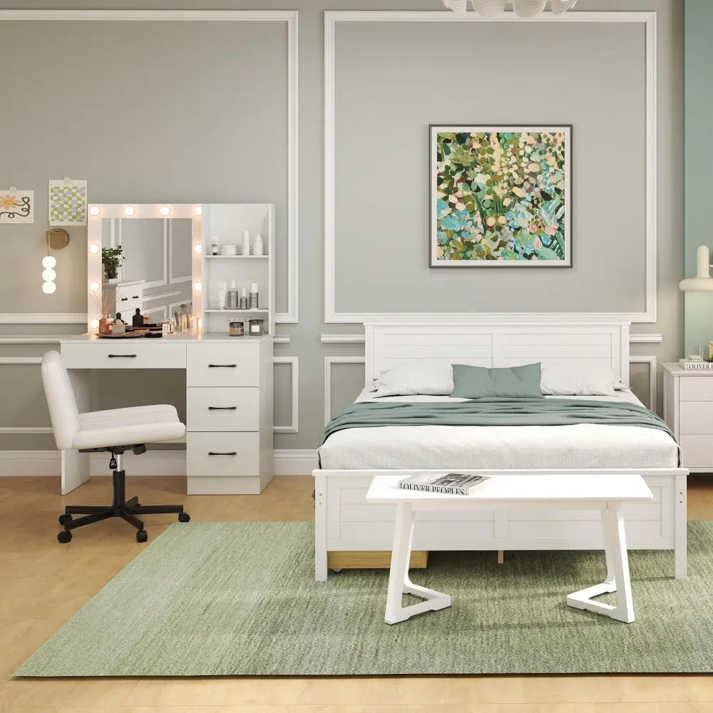 4-Piece Bedroom Furniture Set with Twin Size Bed Frame Entryway Bench Vanity Desk and Jewelry Armoire - Bedroom