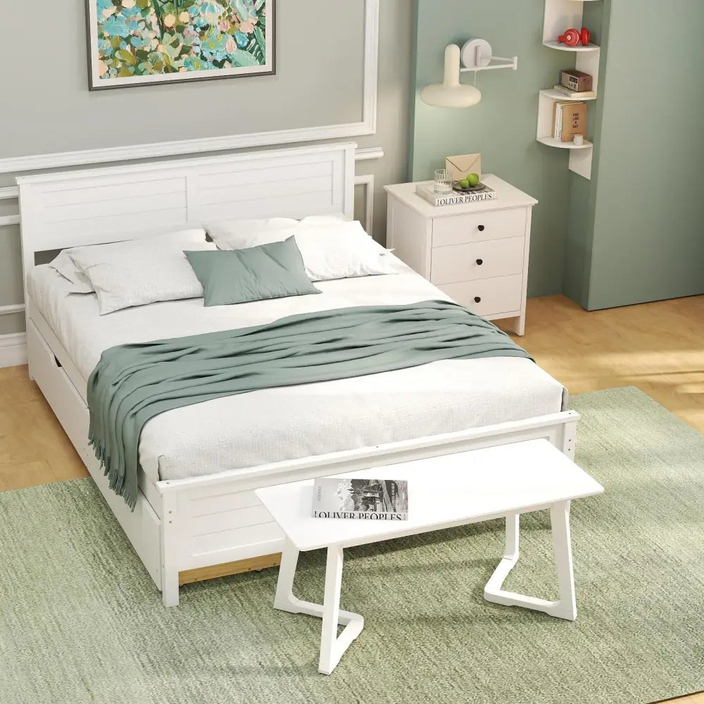 4-Piece Bedroom Furniture Set with Twin Size Bed Frame Entryway Bench Vanity Desk and Jewelry Armoire - Bedroom