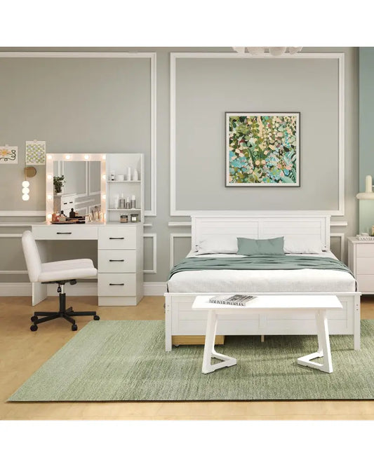 4-Piece Bedroom Furniture Set with Twin Size Bed Frame Entryway Bench Vanity Desk and Jewelry Armoire - Bedroom
