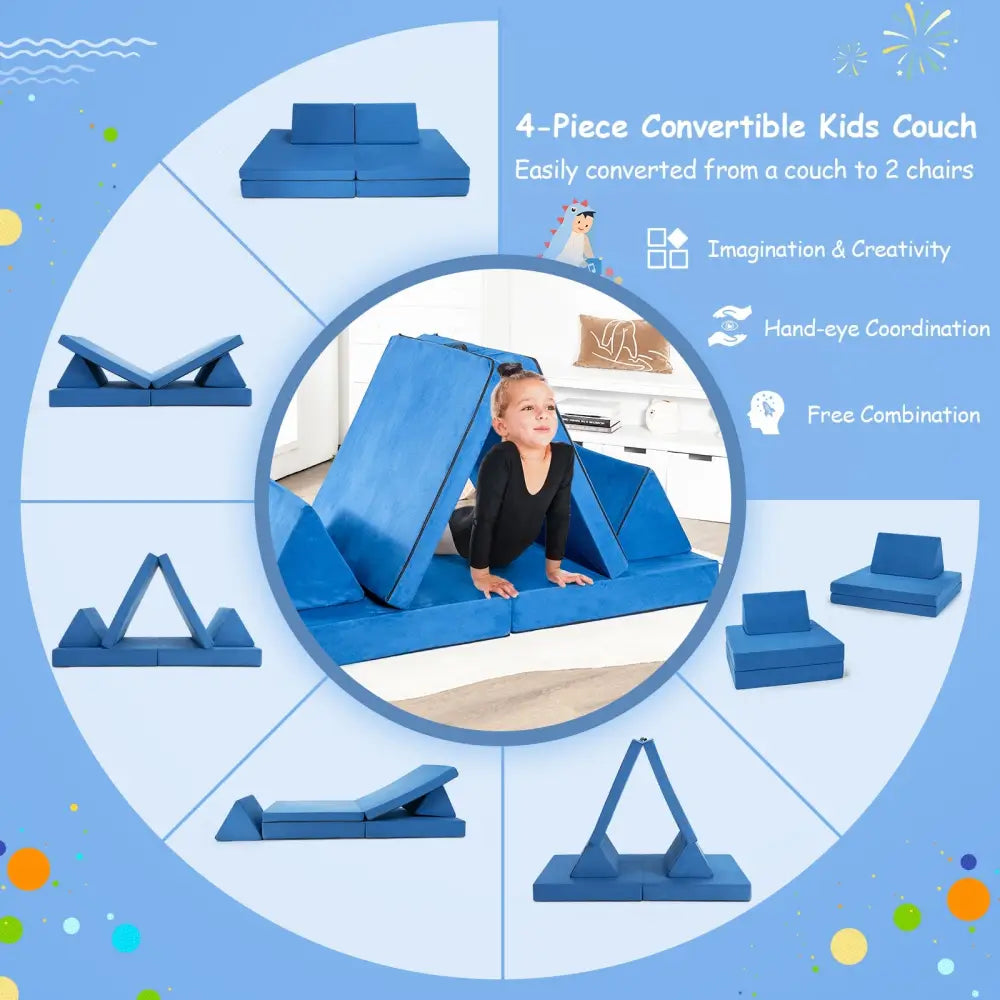 4-Piece Convertible Kids Couch Set with 2 Folding Mats-Blue - Blue - Kids Chairs & Seating