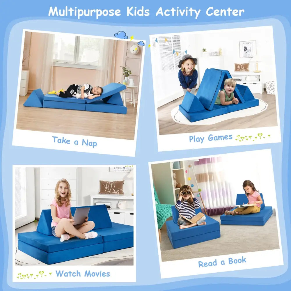 4-Piece Convertible Kids Couch Set with 2 Folding Mats-Blue - Blue - Kids Chairs & Seating