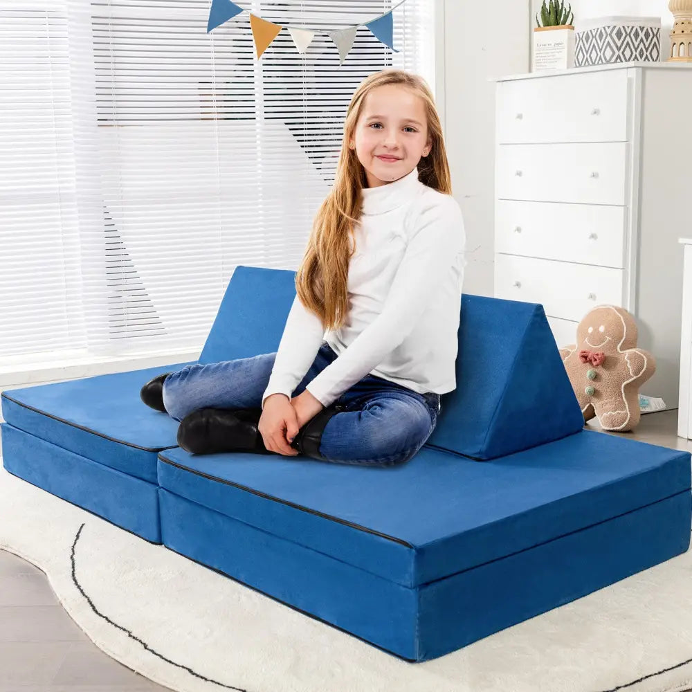 4-Piece Convertible Kids Couch Set with 2 Folding Mats-Blue - Blue - Kids Chairs & Seating