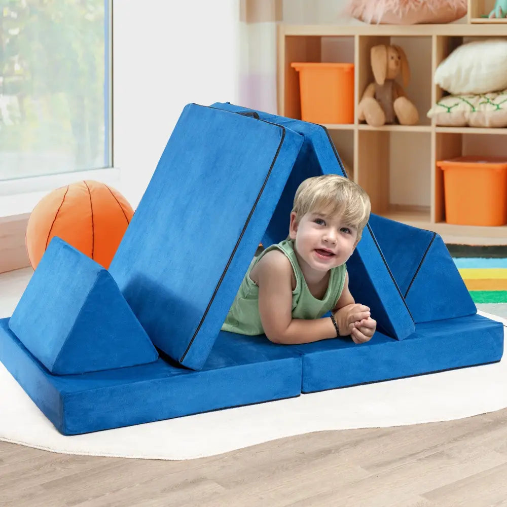 4-Piece Convertible Kids Couch Set with 2 Folding Mats-Blue - Blue - Kids Chairs & Seating