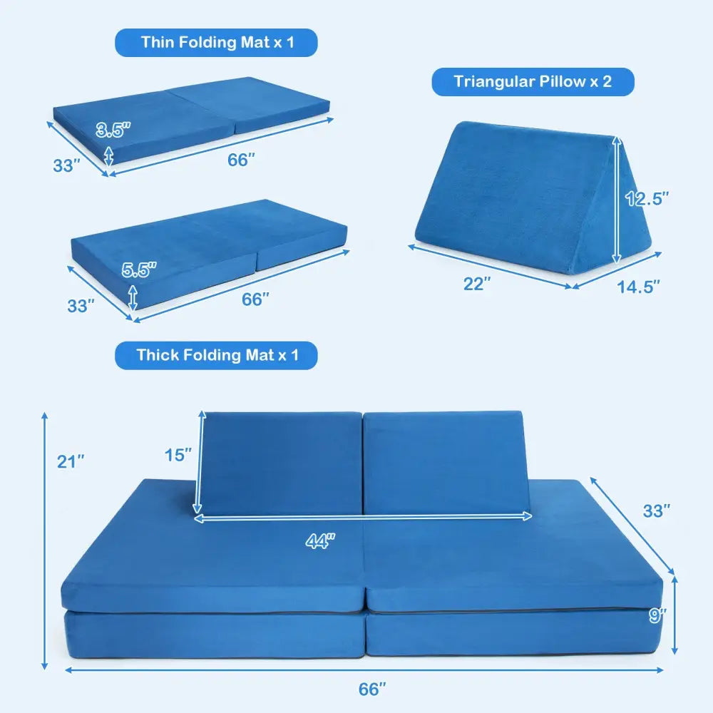 4-Piece Convertible Kids Couch Set with 2 Folding Mats-Blue - Blue - Kids Chairs & Seating