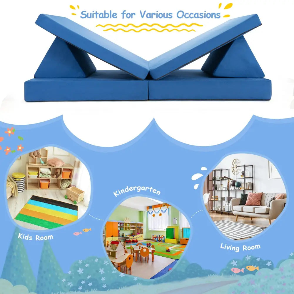 4-Piece Convertible Kids Couch Set with 2 Folding Mats-Blue - Blue - Kids Chairs & Seating