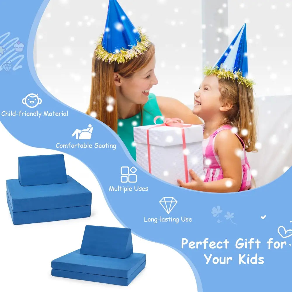 4-Piece Convertible Kids Couch Set with 2 Folding Mats-Blue - Blue - Kids Chairs & Seating