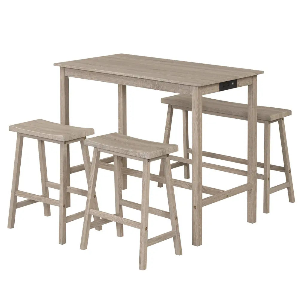 4-Piece Counter Height Dining Table Set with Power Outlet Solid Rubber Wood Kitchen Table-Light Gray - Light Gray