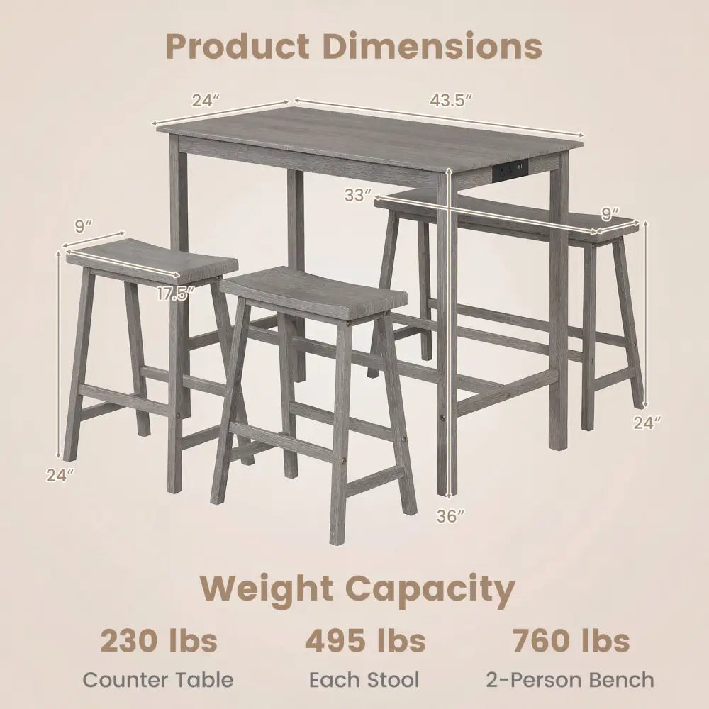 4-Piece Counter Height Dining Table Set with Power Outlet Solid Rubber Wood Kitchen Table-Gray - Gray - Dining Room Sets