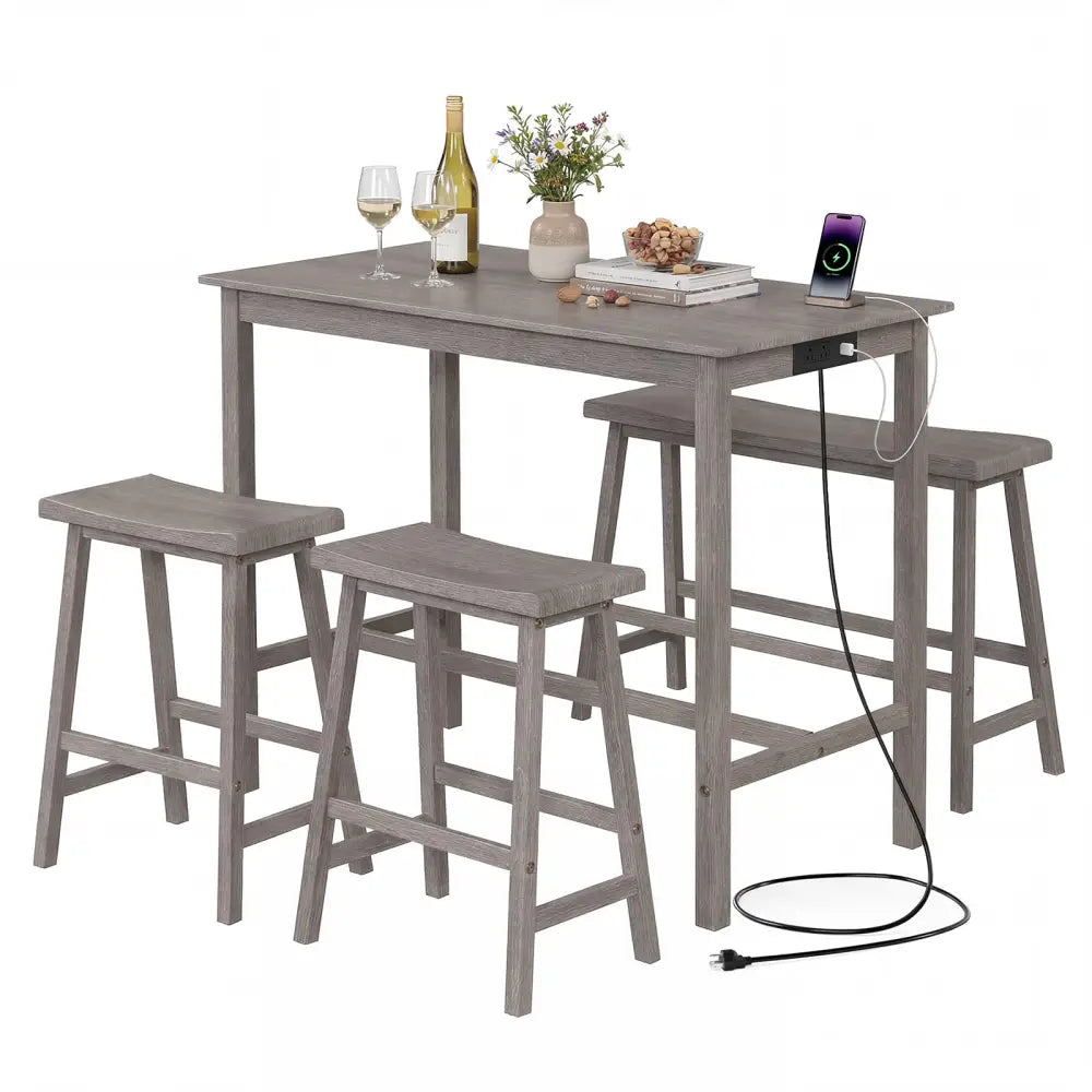 4-Piece Counter Height Dining Table Set with Power Outlet Solid Rubber Wood Kitchen Table-Gray - Gray - Dining Room Sets