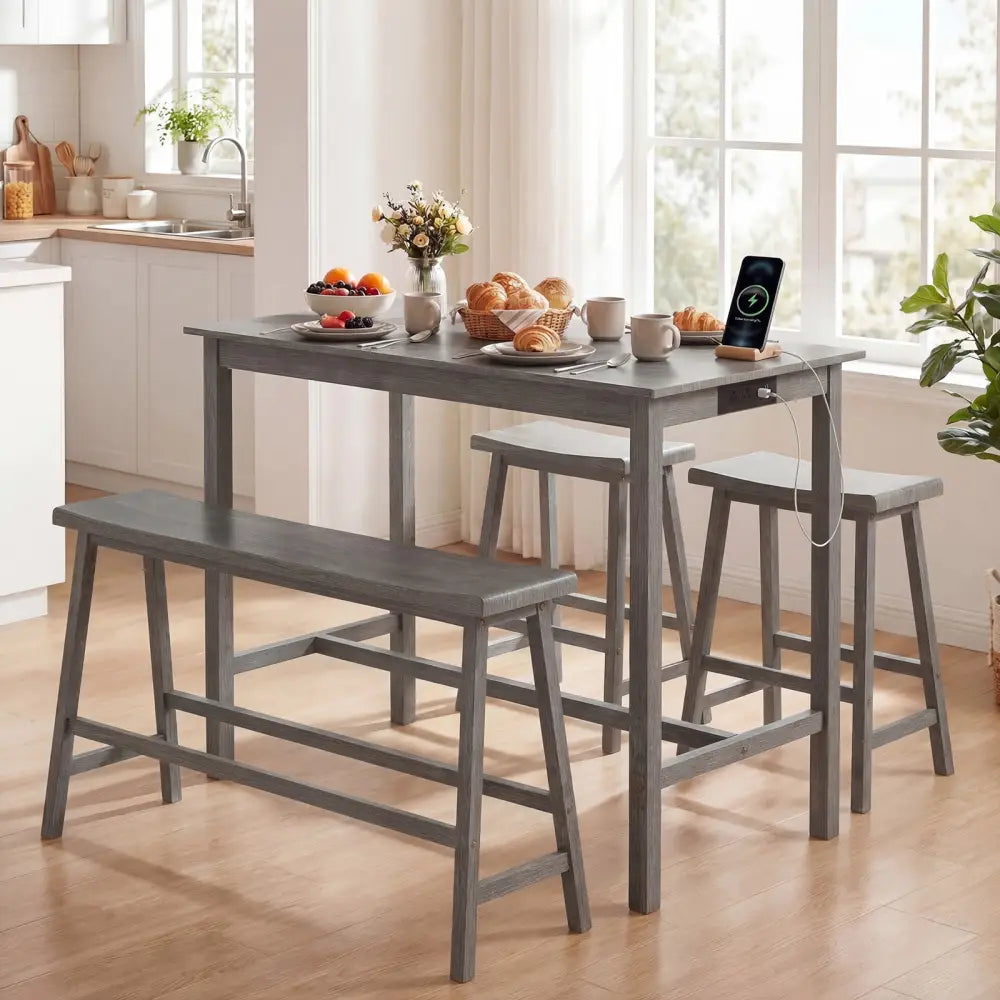 4-Piece Counter Height Dining Table Set with Power Outlet Solid Rubber Wood Kitchen Table-Gray - Gray - Dining Room Sets