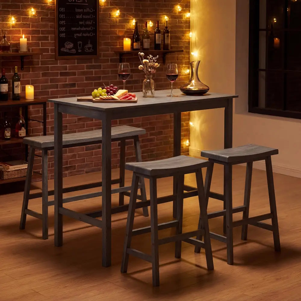 4-Piece Counter Height Dining Table Set with Power Outlet Solid Rubber Wood Kitchen Table-Gray - Gray - Dining Room Sets