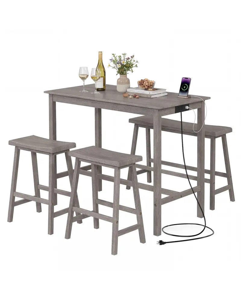 4-Piece Counter Height Dining Table Set with Power Outlet Solid Rubber Wood Kitchen Table-Gray - Gray - Dining Room Sets