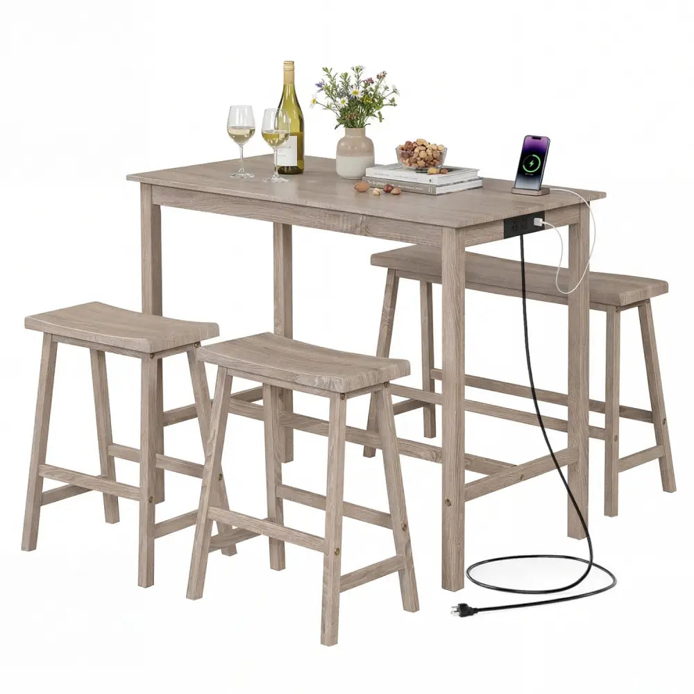 4-Piece Counter Height Dining Table Set with Power Outlet Solid Rubber Wood Kitchen Table-Light Gray - Light Gray