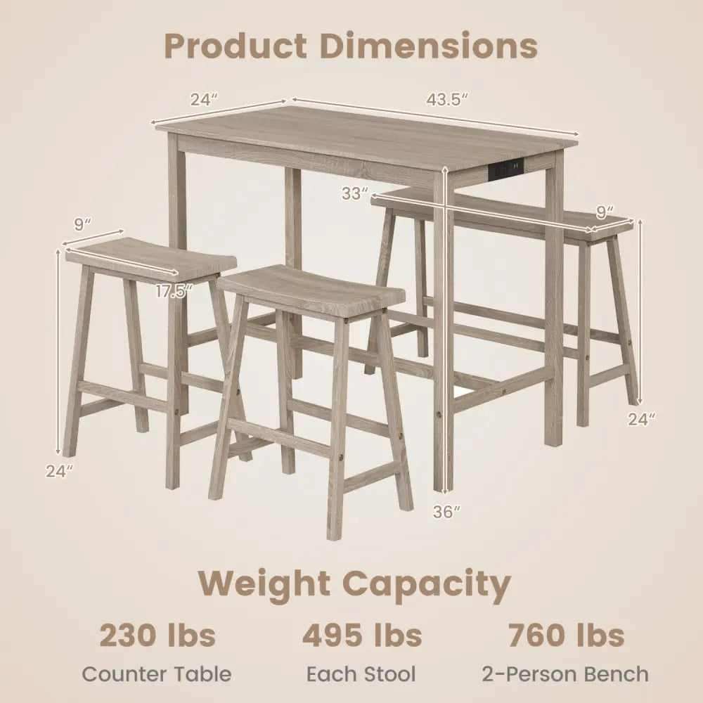 4-Piece Counter Height Dining Table Set with Power Outlet Solid Rubber Wood Kitchen Table-Light Gray - Light Gray