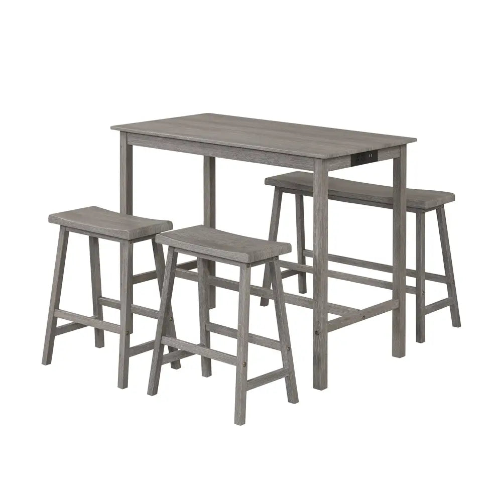 4-Piece Counter Height Dining Table Set with Power Outlet Solid Rubber Wood Kitchen Table-Gray - Gray - Dining Room Sets