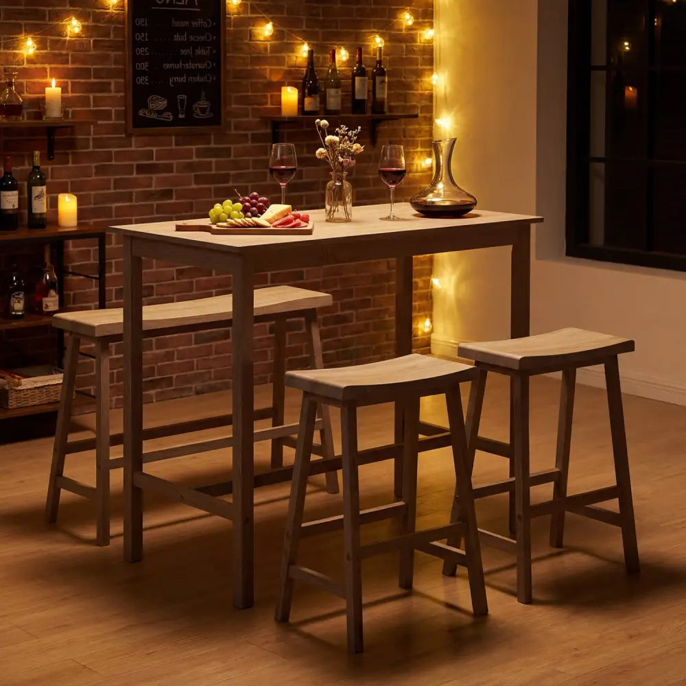 4-Piece Counter Height Dining Table Set with Power Outlet Solid Rubber Wood Kitchen Table-Light Gray - Light Gray