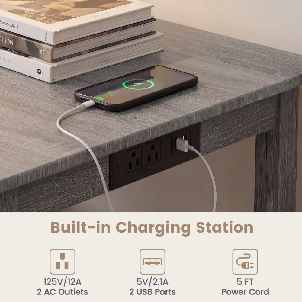 4-Piece Counter Height Dining Table Set with Power Outlet Solid Rubber Wood Kitchen Table-Gray - Gray - Dining Room Sets