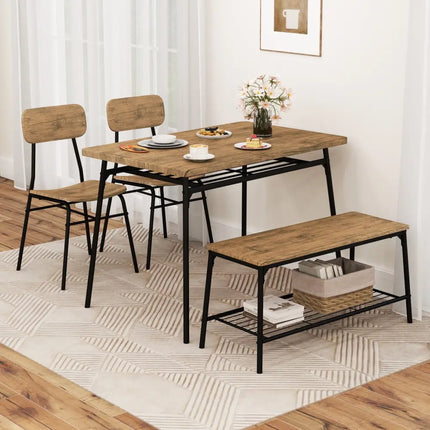 4 Piece Dining Table Set for 4 Metal Frame with Bench and 2 Chairs-Brown Costway