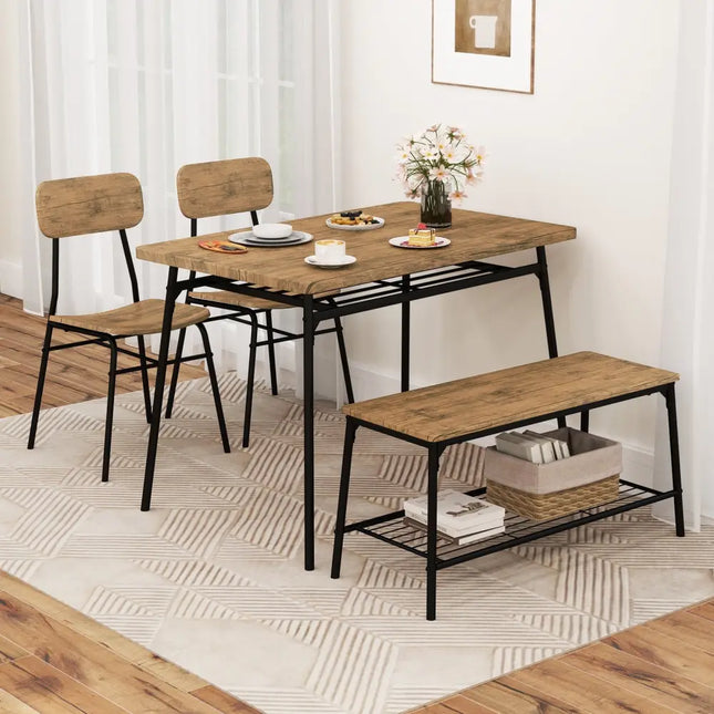 4 Piece Dining Table Set for 4 Metal Frame with Bench and 2 Chairs-Brown Costway