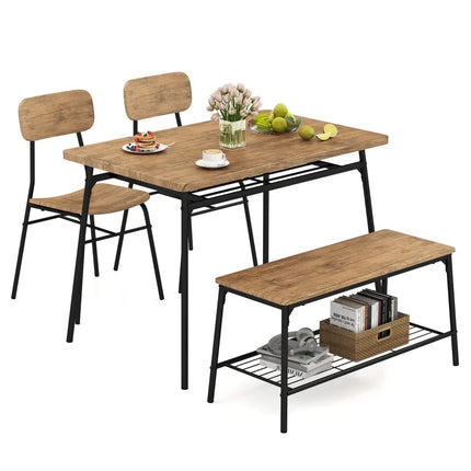 4 Piece Dining Table Set for 4 Metal Frame with Bench and 2 Chairs-Brown Costway