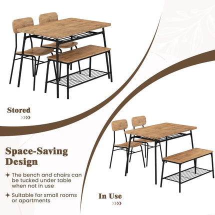 4 Piece Dining Table Set for 4 Metal Frame with Bench and 2 Chairs-Brown Costway