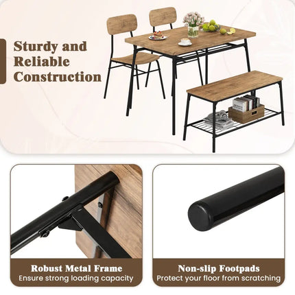 4 Piece Dining Table Set for 4 Metal Frame with Bench and 2 Chairs-Brown Costway