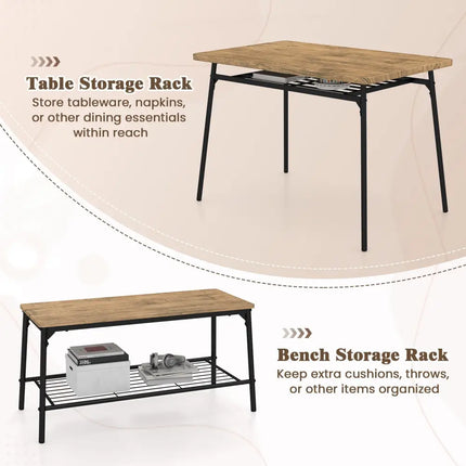 4 Piece Dining Table Set for 4 Metal Frame with Bench and 2 Chairs-Brown Costway