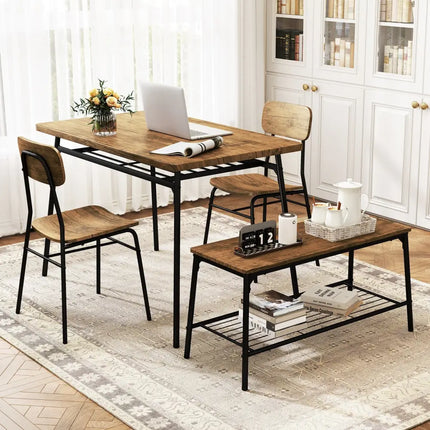 4 Piece Dining Table Set for 4 Metal Frame with Bench and 2 Chairs-Brown Costway