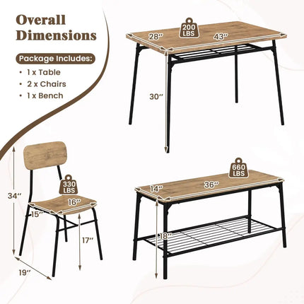 4 Piece Dining Table Set for 4 Metal Frame with Bench and 2 Chairs-Brown Costway