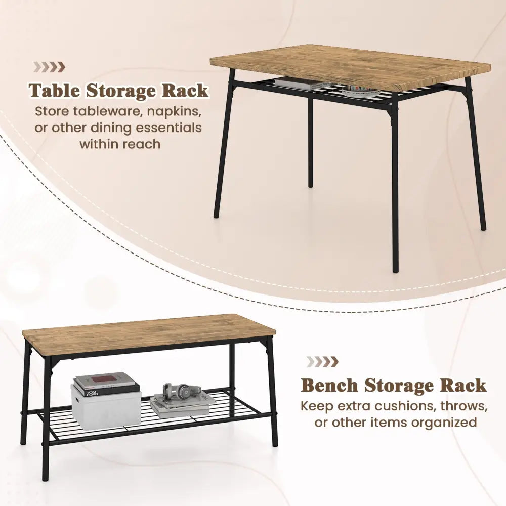 4 Piece Dining Table Set for 4 Metal Frame with Bench and 2 Chairs-Brown - Brown - Dining Room Sets