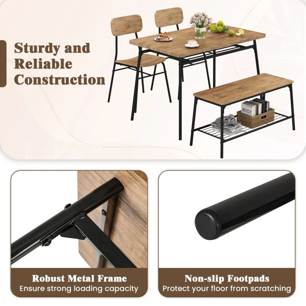4 Piece Dining Table Set for 4 Metal Frame with Bench and 2 Chairs-Brown - Brown - Dining Room Sets