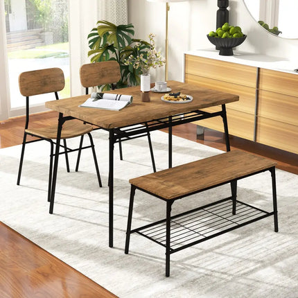 4 Piece Dining Table Set for 4 Metal Frame with Bench and 2 Chairs-Brown Costway