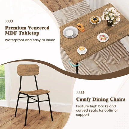 4 Piece Dining Table Set for 4 Metal Frame with Bench and 2 Chairs-Brown Costway