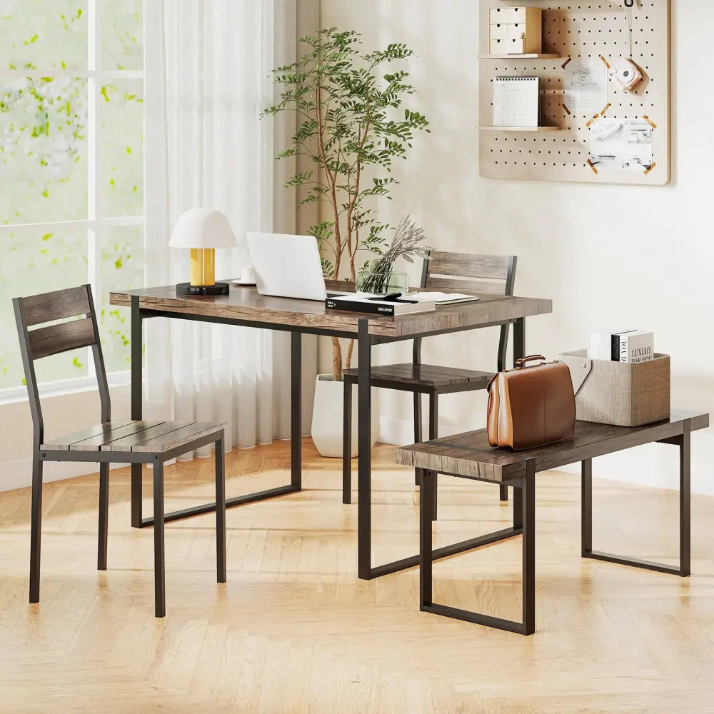 4-Piece Dining Table Set for 4 with 1 Bench and 2 Chairs-Gray - Black & Gray - Dining Room Sets