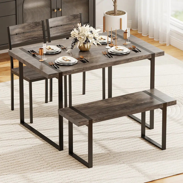 4-Piece Dining Table Set for 4 with 1 Bench and 2 Chairs-Gray Costway