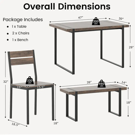 4-Piece Dining Table Set for 4 with 1 Bench and 2 Chairs-Gray Costway