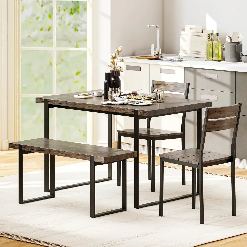 4-Piece Dining Table Set for 4 with 1 Bench and 2 Chairs-Gray - Black & Gray - Dining Room Sets