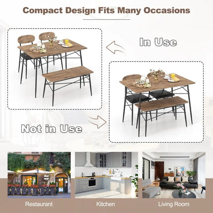 4 Piece Dining Table Set with Bench and 2 Chairs-Brown Costway