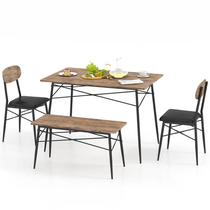 4 Piece Dining Table Set with Bench and 2 Chairs-Brown Costway