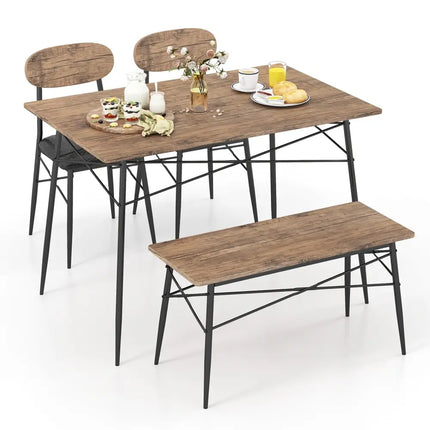 4 Piece Dining Table Set with Bench and 2 Chairs-Brown Costway