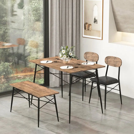 4 Piece Dining Table Set with Bench and 2 Chairs-Brown Costway