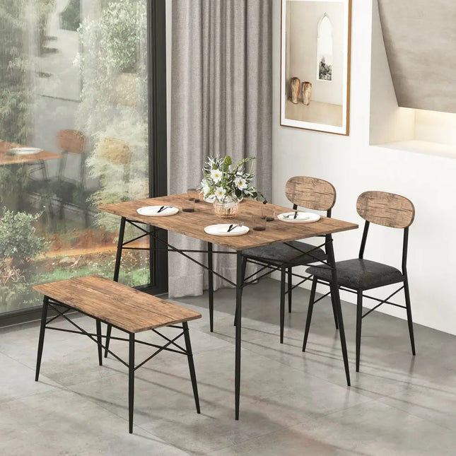 4 Piece Dining Table Set with Bench and 2 Chairs-Brown Costway