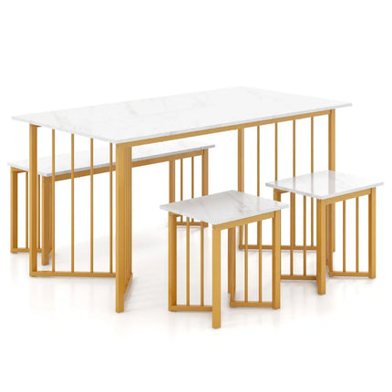 4 Piece Dining Table Set with Bench and 2 Stools-White Costway