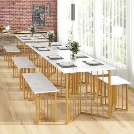 4 Piece Dining Table Set with Bench and 2 Stools-White Costway