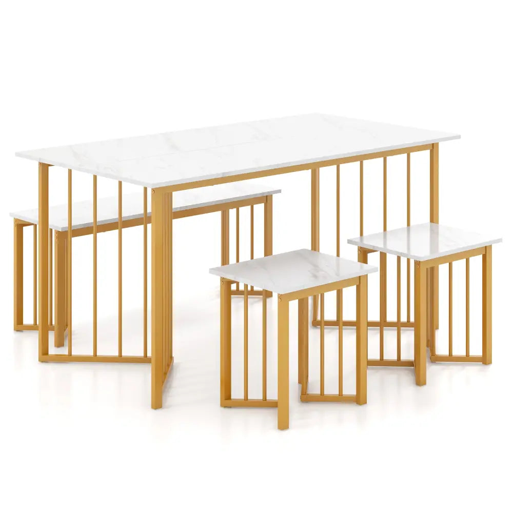 4 Piece Dining Table Set with Bench and 2 Stools-White - White - Dining Room Sets