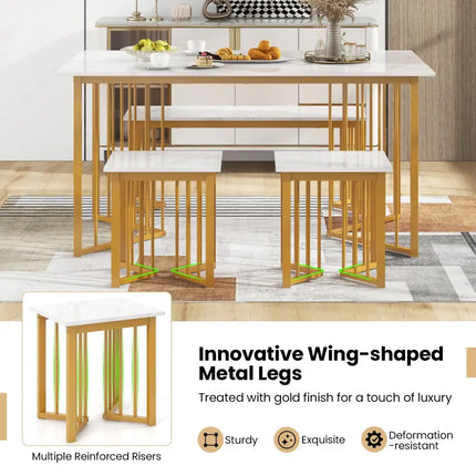 4 Piece Dining Table Set with Bench and 2 Stools-White Costway